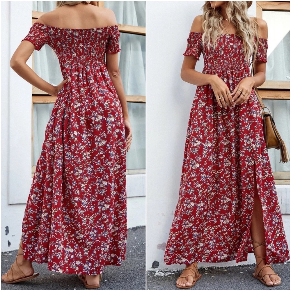 Boho Floral Print Off Shoulder Maxi Dress - Picture 6 of 8